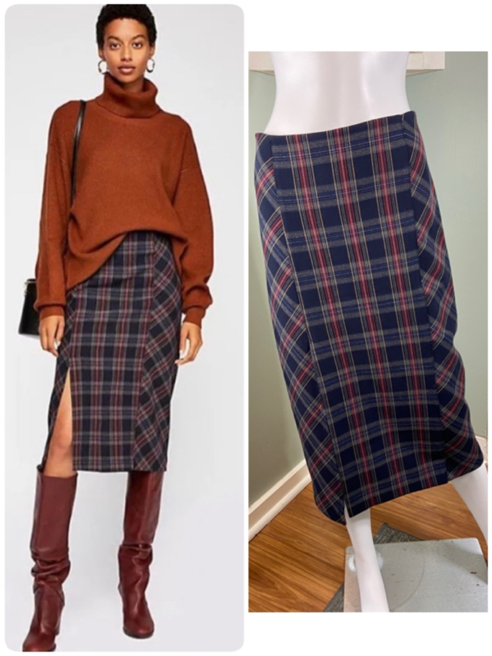 Free People Sz 10 Wellington Plaid Midi Pencil Skirt See You Glow High Waist